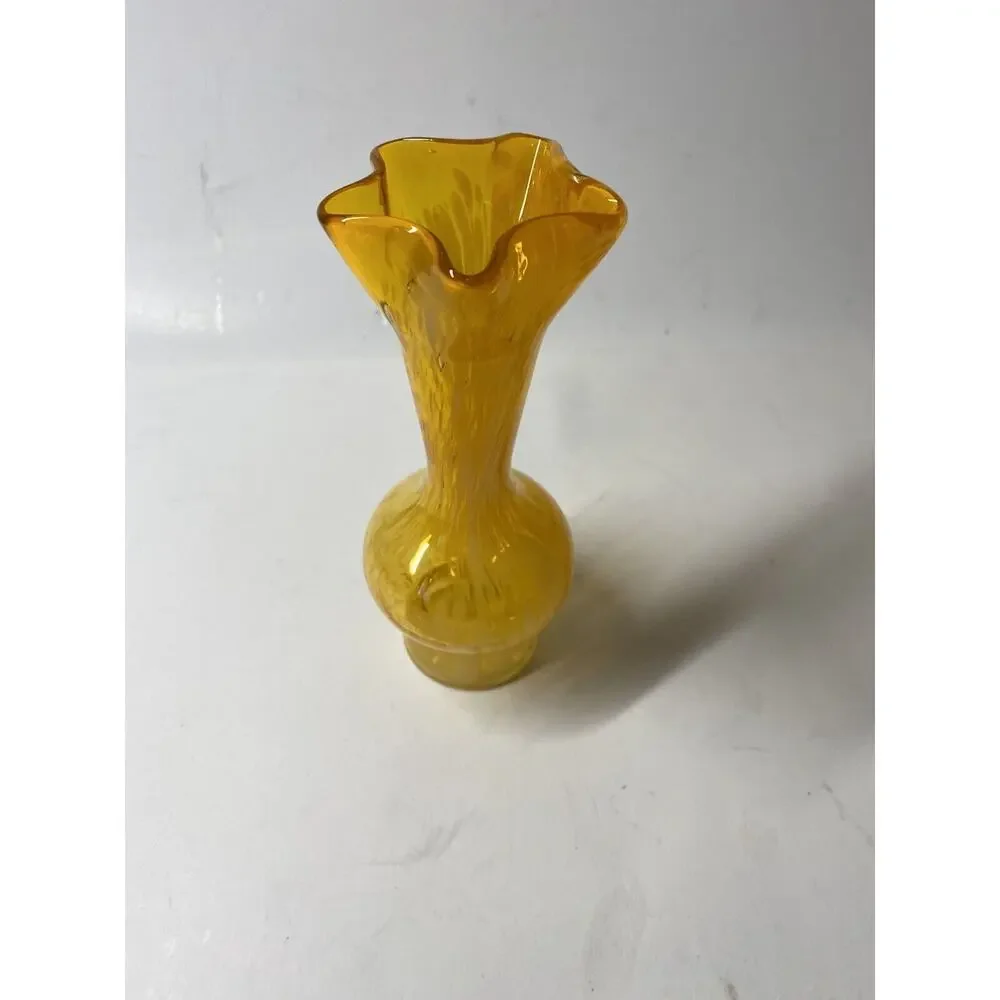 Vintage Orange White Swirl Art Glass Vase Ruffle Rim 6.5 Inch